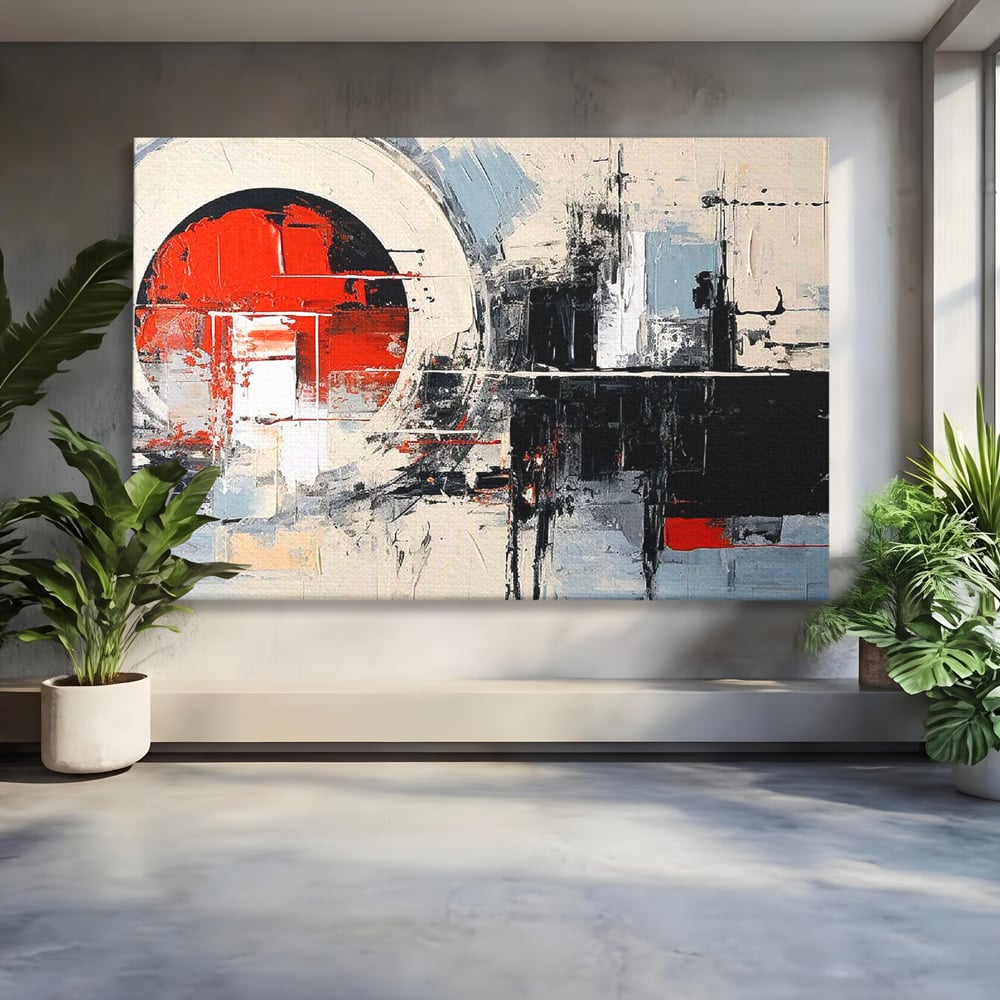 Tablou canvas cu tablou canvas cu cerc rosu si geometrie abstracta, fara rama, pe sasiu de lemn